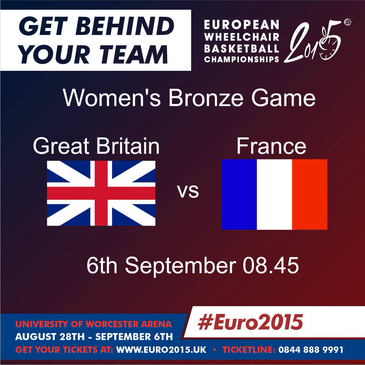 EuroWBchamps15's tweet photo. Great Britain vs France for the Bronze! Ready to cheer them on? @BritWheelBBall #Euro2015 http://t.co/zrxN2oLExL http://t.co/DH1edMnZ4i