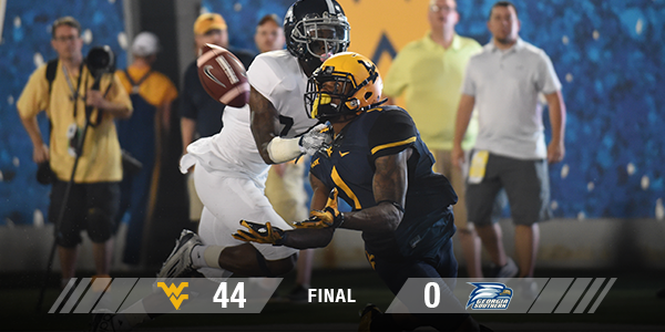 WVUfootball's tweet photo. Mountaineers win! WVU with a dominating 44-0 victory over Georgia Southern this evening! http://t.co/5RvQfPUZNy