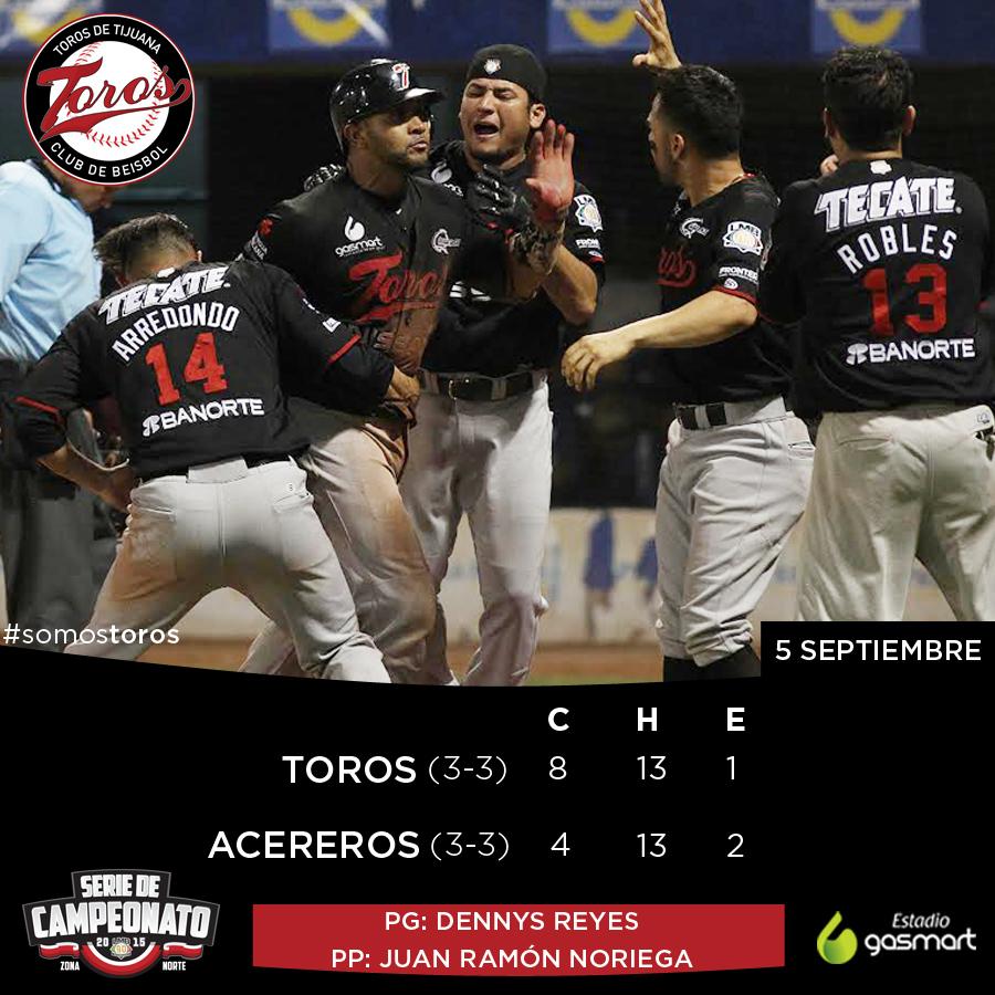 TorosDeTijuana's tweet photo. ¡TORO QUE ALCANZA GANA!
Toros 8-4 @AcererosOficial 
#FinalNorteLMB
#SomosToros http://t.co/3cnIowtXbg