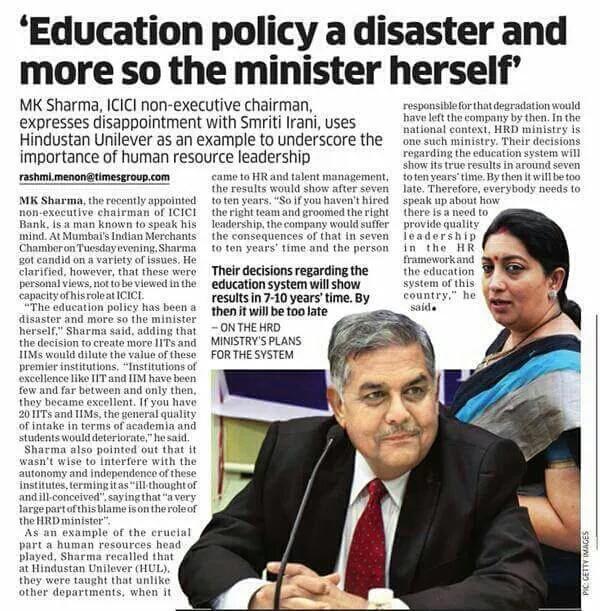VikkyBhamra's tweet photo. Education policy a disaster and more so the minister herself", says ICICI chairman MK Sharma on Smriti Irani's HRD http://t.co/OEpxR1Fjts