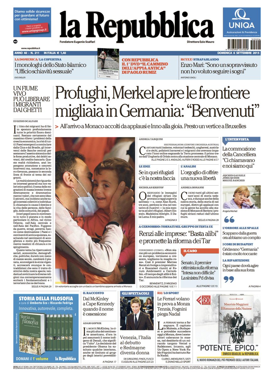 repubblica's tweet photo. Profughi, Merkel apre le frontiere, migliaia in Germania: “Benvenuti”. La prima pagina di Repubblica di oggi http://t.co/eeszpNGGzY