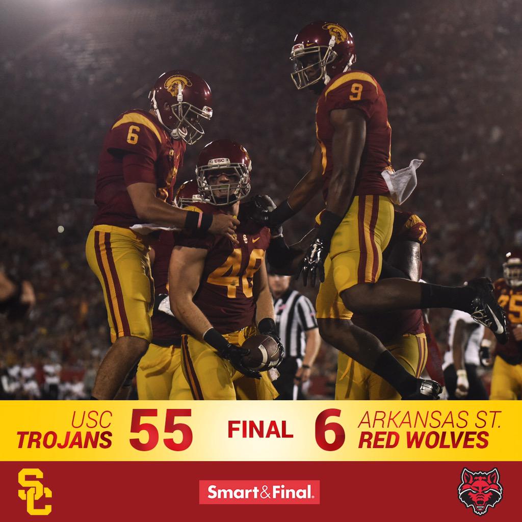 USC_Athletics's tweet photo. FINAL: USC 55, ARST 6. The Trojans start the 2015 season with an emphatic win! #FightOn http://t.co/rzboonrI4U