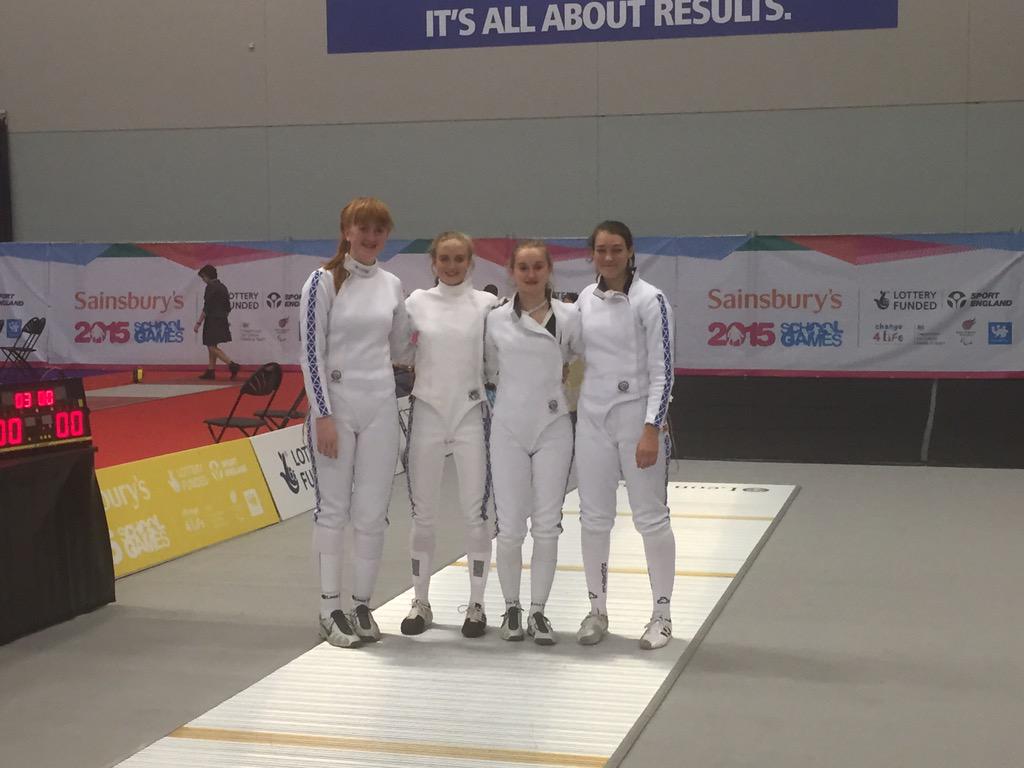 ScottishFencing's tweet photo. Scotland Women's รpรฉe Team ready to start their gold medal match against England! #SSGfencing http://t.co/A246inP431