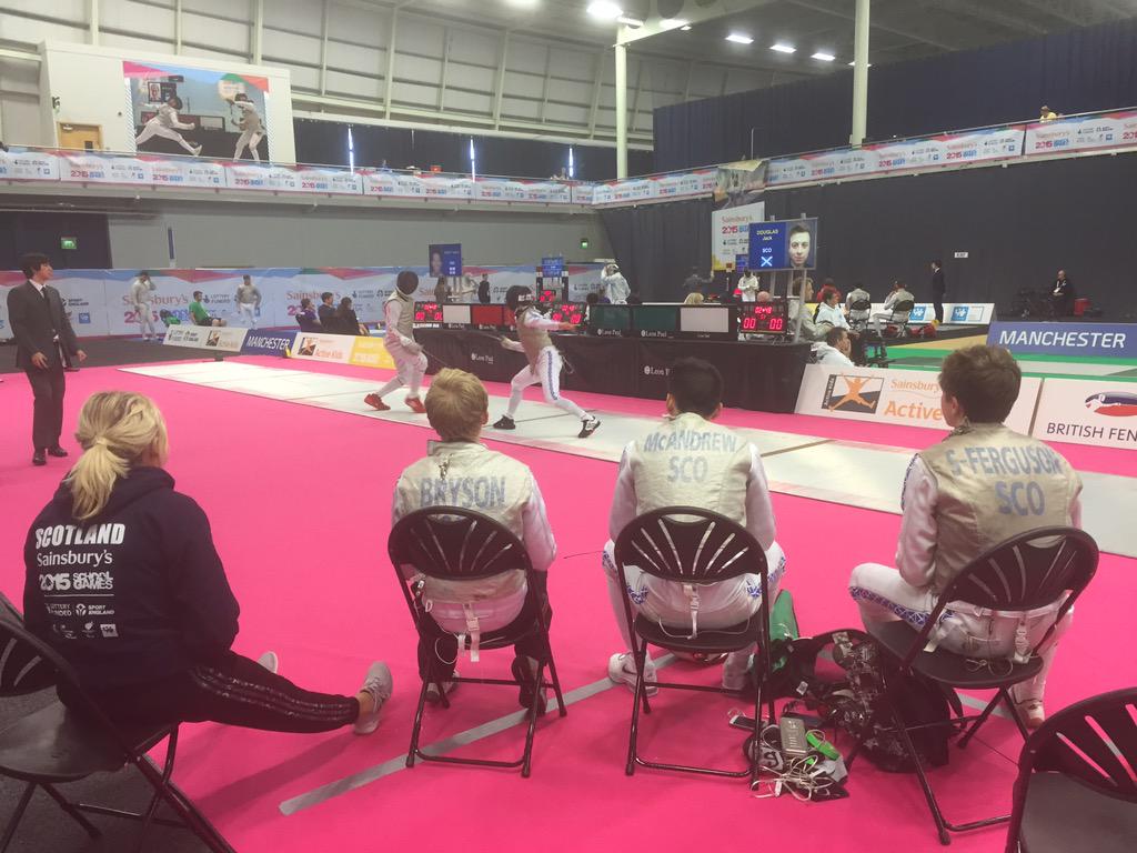 ScottishFencing's tweet photo. Douglas (Sco) leads 3-0 against Minott (eng) in the first fight in the Gold Medal Match in Men's Foil. #SSGfencing http://t.co/qq0bOemCkP