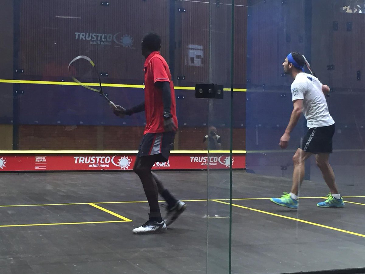 GwenLister1's tweet photo. Jimmy Schlebush, SA, and Mandla Chilambwa, Zambia, playing for 3rd and 4th place. #NamibiaOpen #squash http://t.co/ElOQMankJE