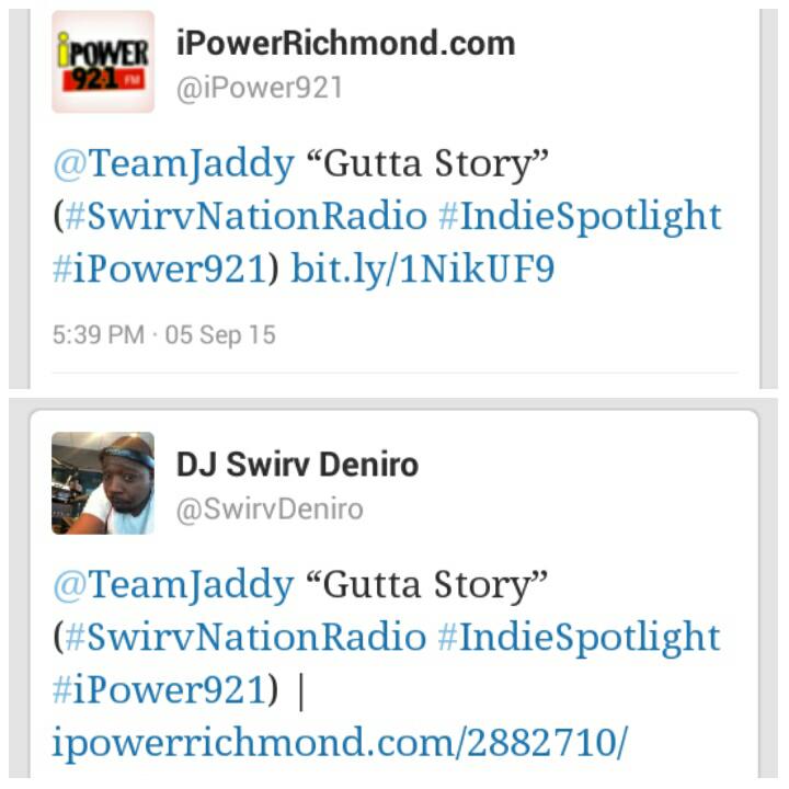 TeamJaddy's tweet photo. I appreciate this for having me on the indie spotlight last night I Really appreciate it @SwirvDeniro  @iPower921 http://t.co/PVJqLQrbvJ