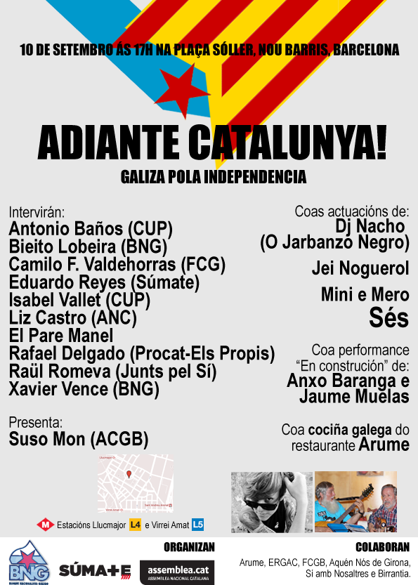 BNGCatalunya's tweet photo. 10/09 @assemblea @sumate_asoc @obloque en BCN: "Adiante Catalunya! Galiza pola independencia" http://t.co/8ilYW4YqUO http://t.co/xuLOZYTg2d
