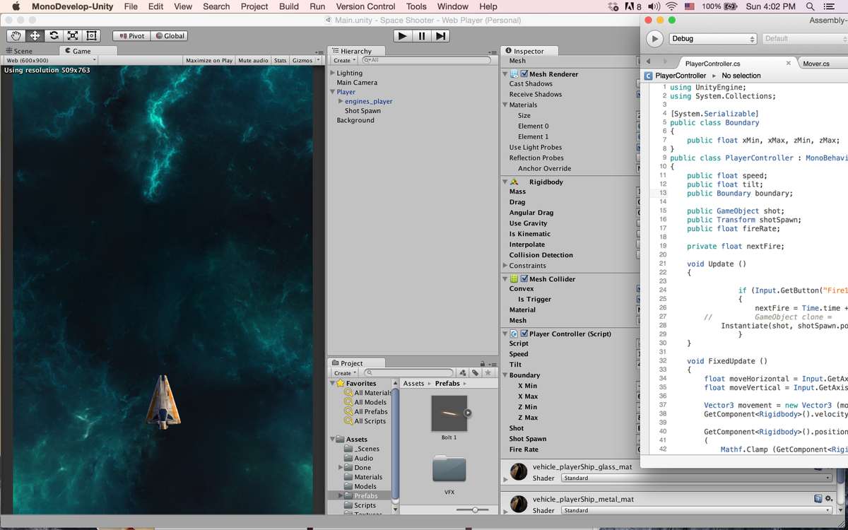 WORKSaigon's tweet photo. @rebyn I'm a few hours in a sample project (arcade shooter). Ship can shoot laser now. Unity kit, build target iOS http://t.co/s74xiULlMP