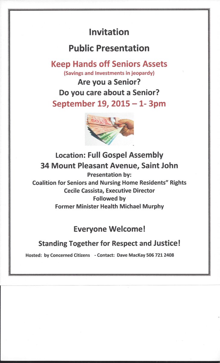 CassistaCecile's tweet image. Seniors savings and investment jeopardy. Speakers, Former Minister Health  Mike Murphy, Cecile Cassista presentation