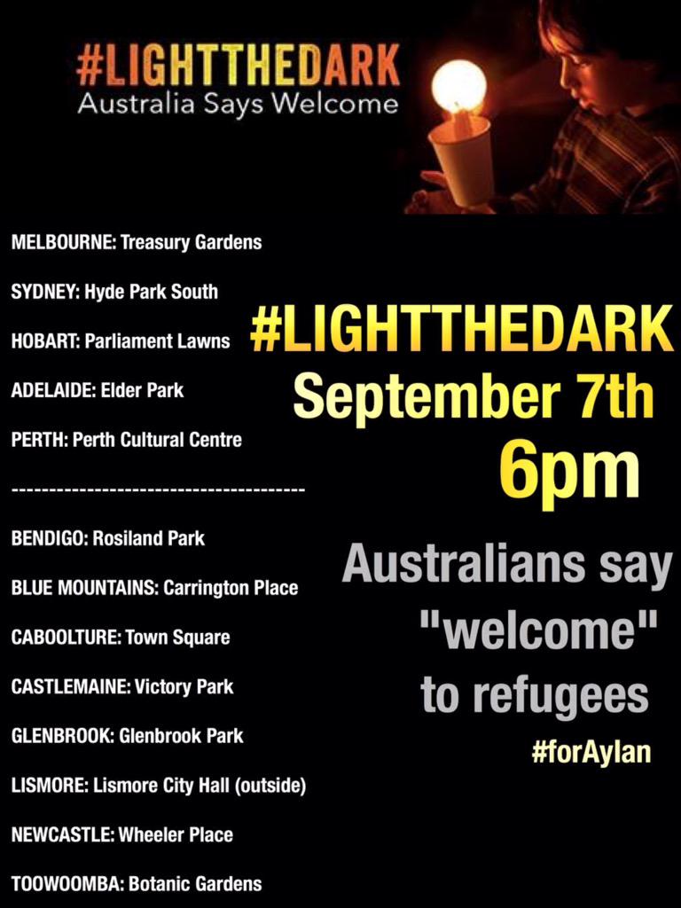 MarchAustralia's tweet photo. #Lightthedark #forAylan & to #welcomerefugees Links to event pages: http://t.co/mfWh6FUH0o Visit @GetUp for more info http://t.co/QChODf893V