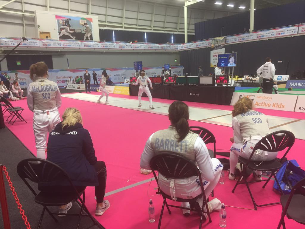 ScottishFencing's tweet photo. Ladies Foil Team in the gold medal match #SSGfencing http://t.co/jAJMQy8FYi