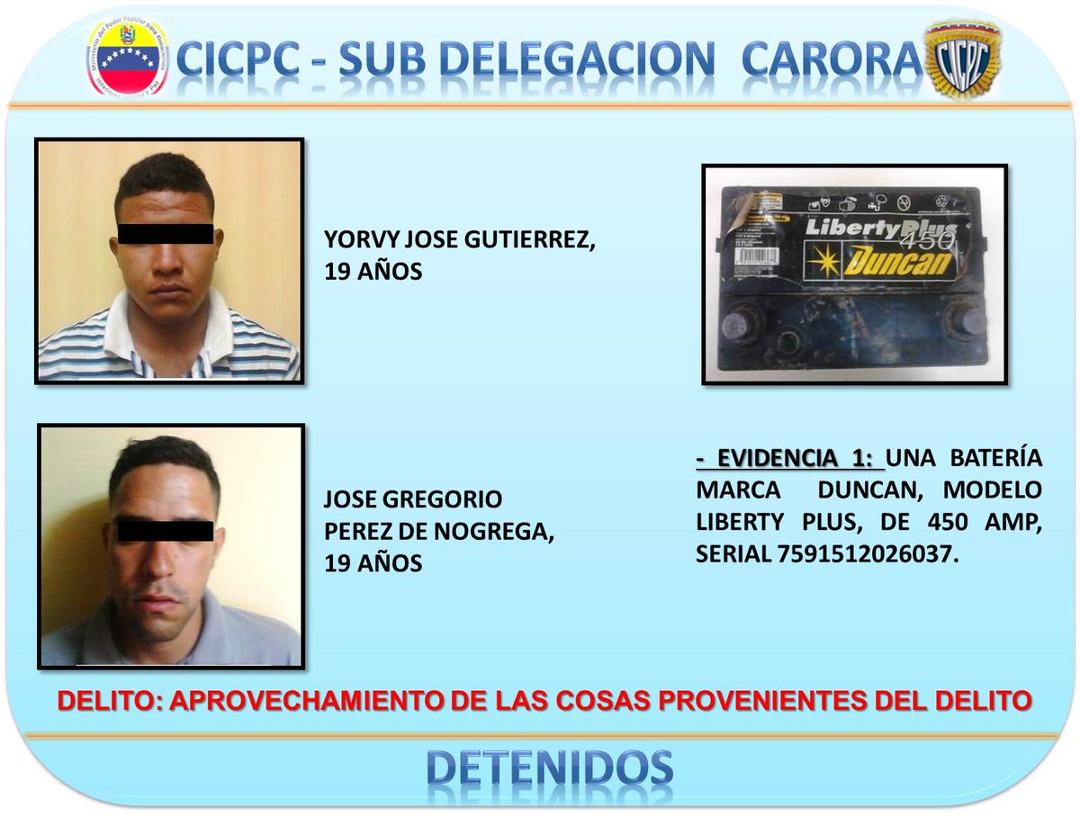 CARORACICPC's tweet photo. DETIENE A YORVY GUTIERREZ Y A JOSE PEREZ, POR EL DELITO DE APROVECHAMIENTO, INCAUTANDOLES UNA BATERIA, MARCA DUNCAN. http://t.co/DNUPfSBA1y