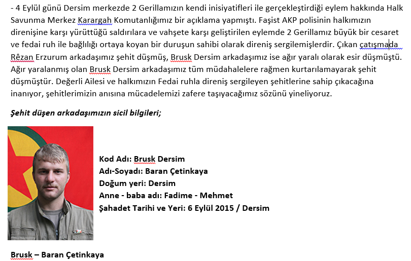 soresakurd's tweet photo. Dersim'deki Çatışmada Yaralanan Brusk Dersim Yoldaş Şehit Olmuştur... http://t.co/pDkWICfmPm