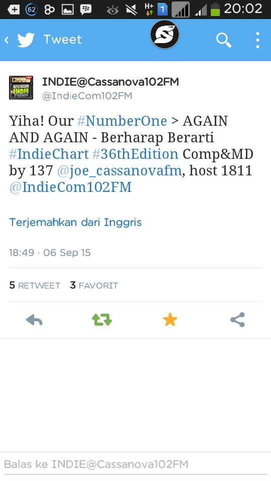 Thx all weare #numberone #indiechart @Cassanova102FM <a href="/IndieCom102FM/">#LocalAct</a> sahabat ana terima kasih banyak
