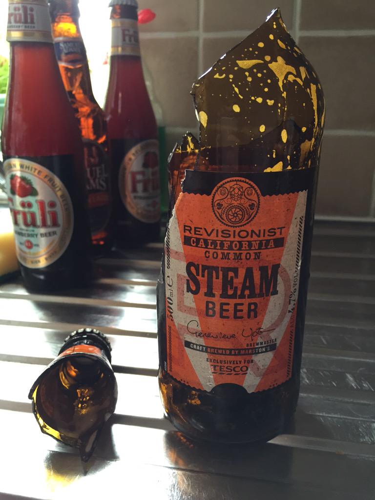 DannyDavies1's tweet photo. @Tesco I was looking forwarded to my beers. 4 for £6 seemed like a great deal until this one exploded! http://t.co/h3fDueYYmr