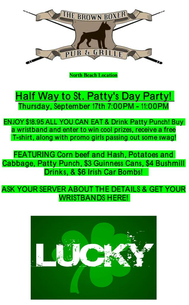 BrownBoxerCLW's tweet photo. Join us for Half Way to St Pattys Day Party from 7-11 on 9/17 #thebrownboxer #kissmeimirish http://t.co/YzWJmAETSq http://t.co/qGfBxC2Kfz