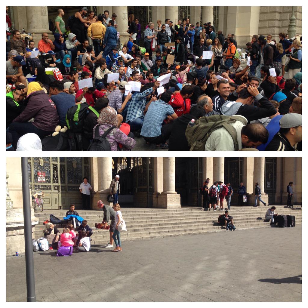GavinLeeNews's tweet photo. What a difference a day makes #Budapest Keleti train station yesterday ... and now #refugees http://t.co/uRaDwXJU89