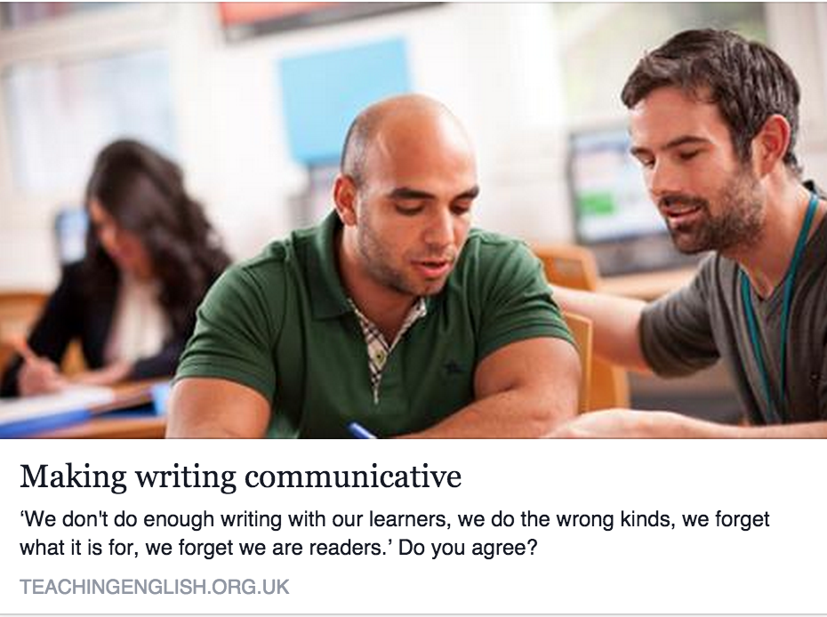 TeachingEnglish's tweet photo. Tips for making #writing a social activity for learners http://t.co/IORs3uzUJ5 #CommunicativeLanguageTeaching http://t.co/n2H31bJTPF