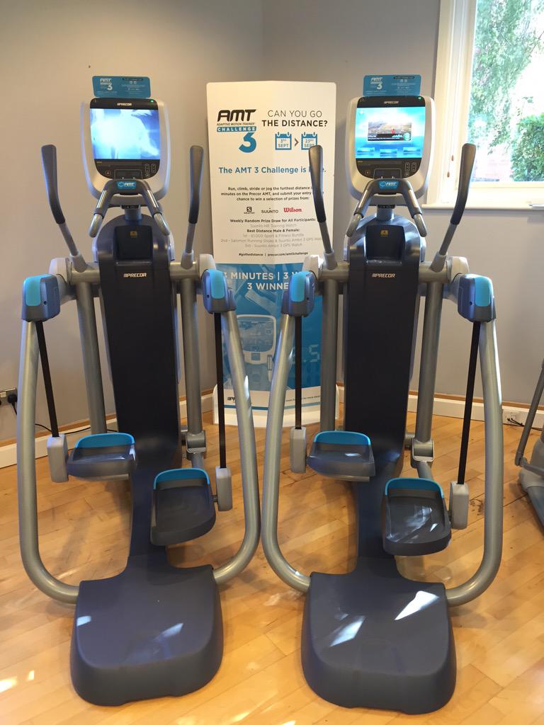 We're ready for the @Precor AMT challenge! See how far you can travel on our Adaptive Motion Trainers in 3 minutes!