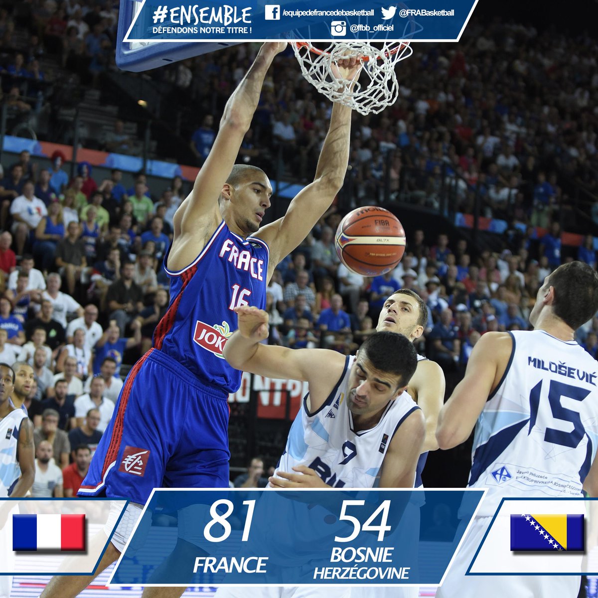 FRABasketball's tweet photo. Les Bleus montent en puissance et viennent à bout de la Bosnie-Herzégovine #Ensemble #BIHFRA http://t.co/jYOkv7NU5c