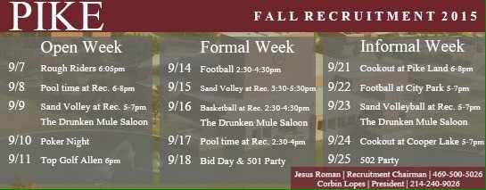 illusivedubz's tweet photo. Here is @TAMUCPikes Recruitment Schedule for the next 3 weeks. Hope to see you out with us! http://t.co/8uqboeNsIf