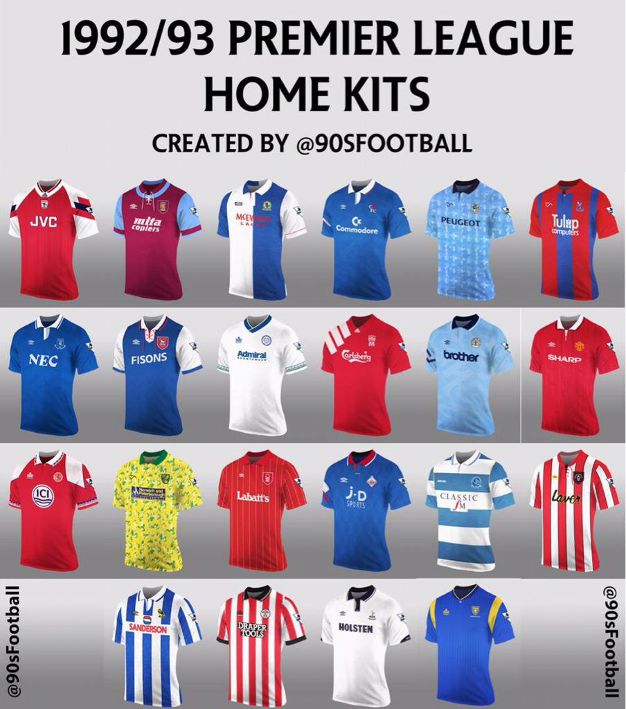 AK90s's tweet photo. Great creation this, showing all twenty home kits from 1992-93 #keepit90s #bringbackthelaces http://t.co/hNNJFYtma6