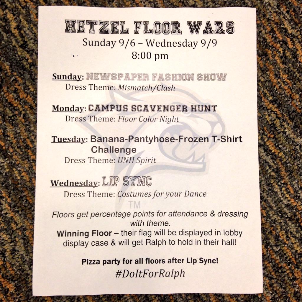 HetzelHall's tweet photo. It all starts tonight! Be ready to kick things off with the Newspaper Fashion Show at 8pm! #FloorWars #DoItForRalph http://t.co/WO9AZ6Ao6v