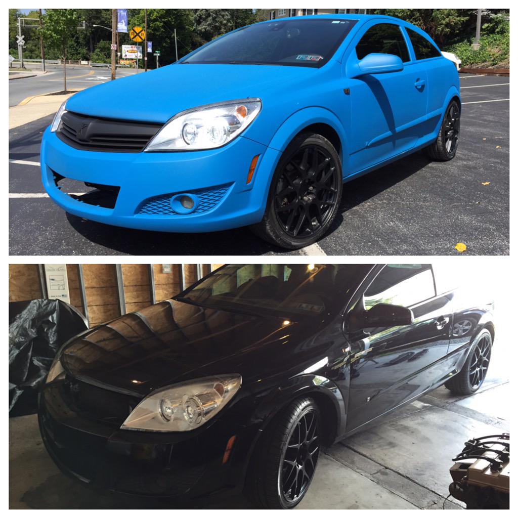 PlastiDipster's tweet photo. #Saturn #Astra #flatblue #flatblack
#plastidip #before/after http://t.co/dsDbEJAgLv
