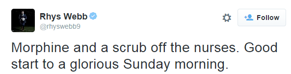 BBCSport's tweet photo. Rhys Webb tries to stay positive after suffering ankle damage ahead of #RWC2015 http://t.co/IsG7MGnQE5 http://t.co/Hqod9ltLGG