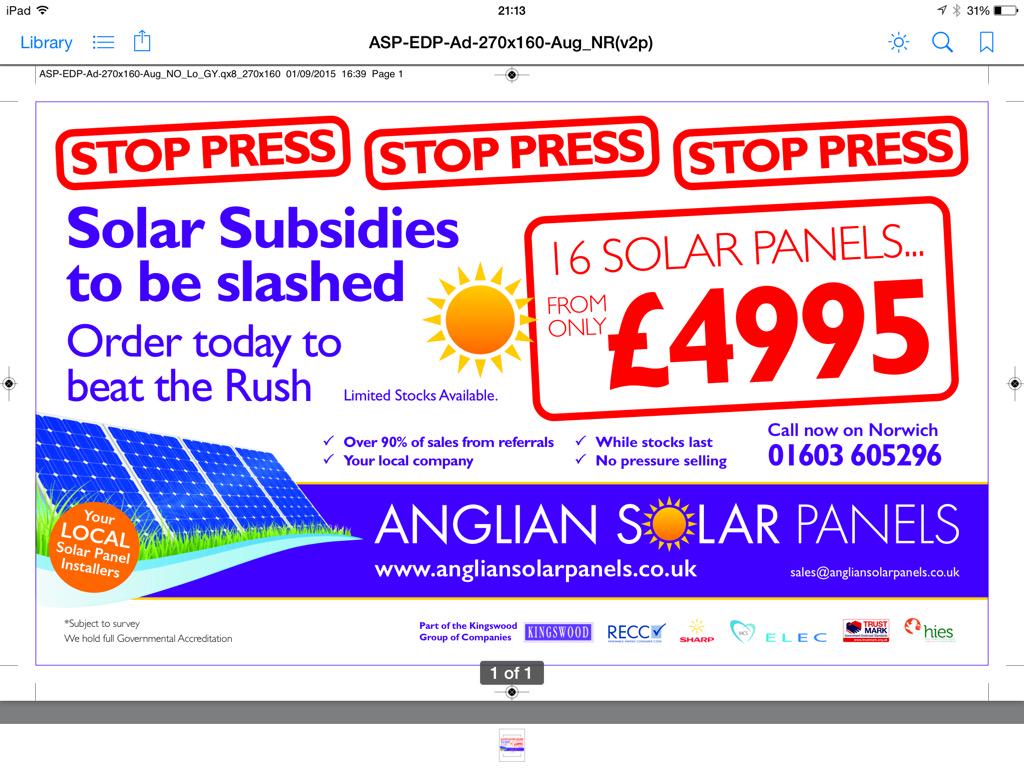AnglianSolarPan's tweet photo. Stop Press: Great time to take advantage of our September offer. 4kw 16 panel systems from £4995. While stocks last. http://t.co/dHDhLrtkHz