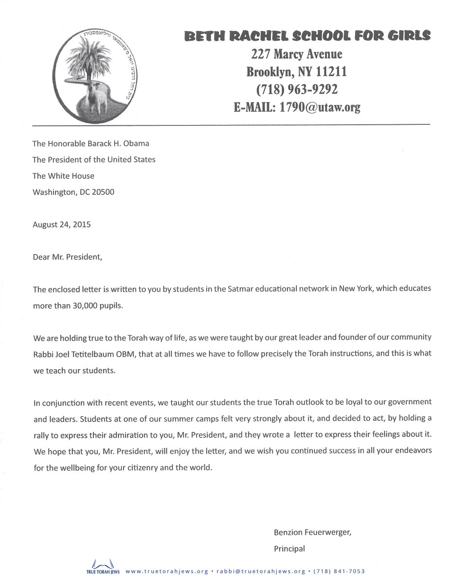 OriginalJews's tweet photo. We teach our kids the #TorahView. A letter sent to @POTUS by the girls at #SatmarCamp http://t.co/FCgrcZetKY http://t.co/uNGUCHyAAK