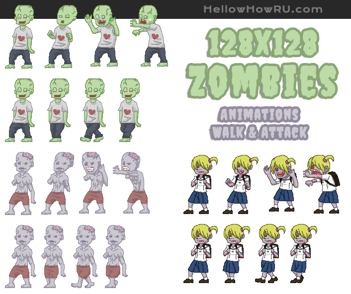 hellowhowru's tweet image. 128x128 Zombies 2D Spritesheet; walk &amp;amp; attack animations hellowhowru.com #gamedev #pixelart #gameassets