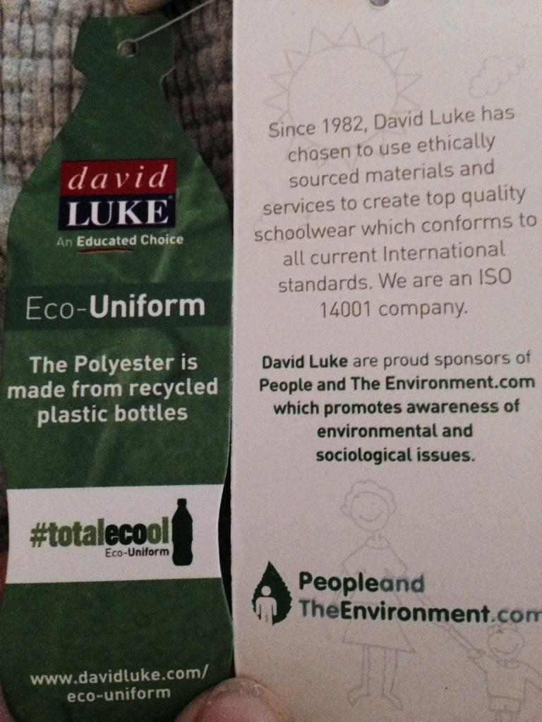 HelenSlinger's tweet photo. Just naming my daughters uniform. Impressed with Eco-uniform made from recycled bottles #backtoschool #totalecool http://t.co/kBK1lmFZrT