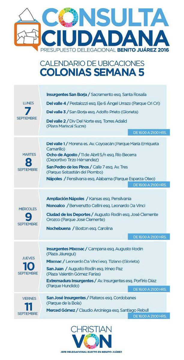 Vecinos, nuevamente les comparto el calendario de la semana 5 de #ConsultaBJ. Espero tengan tiempo de participar.
