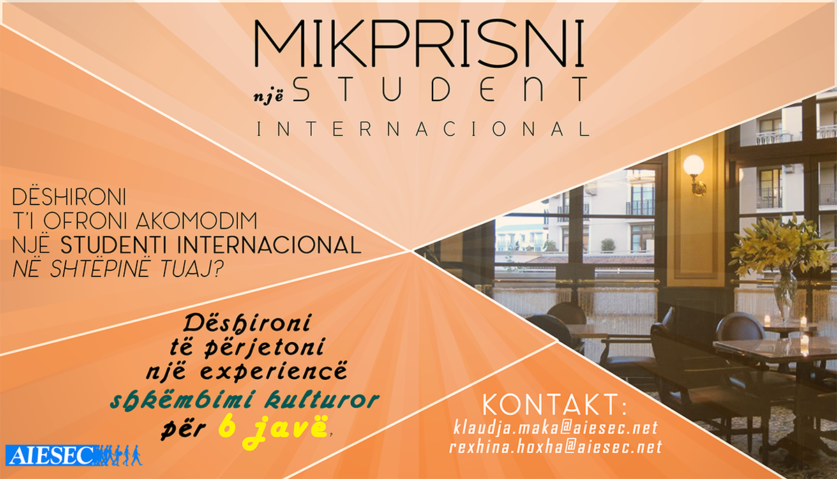 aiesecUT's tweet photo. Mikprisni një student internacional !
Apliko: http://t.co/SxTZUeHwdv
klaudja.maka@aiesec.net http://t.co/YXC0FWEVky