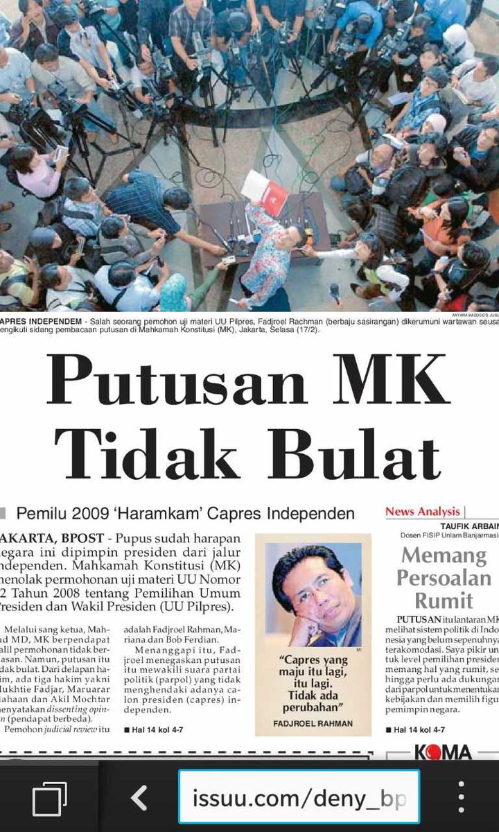 PEDOMAN_id's tweet photo. Ketika #CapresINDEPENDEN bertarung di Mahkamah Konstitusi @MK_RI pada 2009 dan kalah tipis 5-3. @PedomanNEWS http://t.co/lt64pgm1Z0