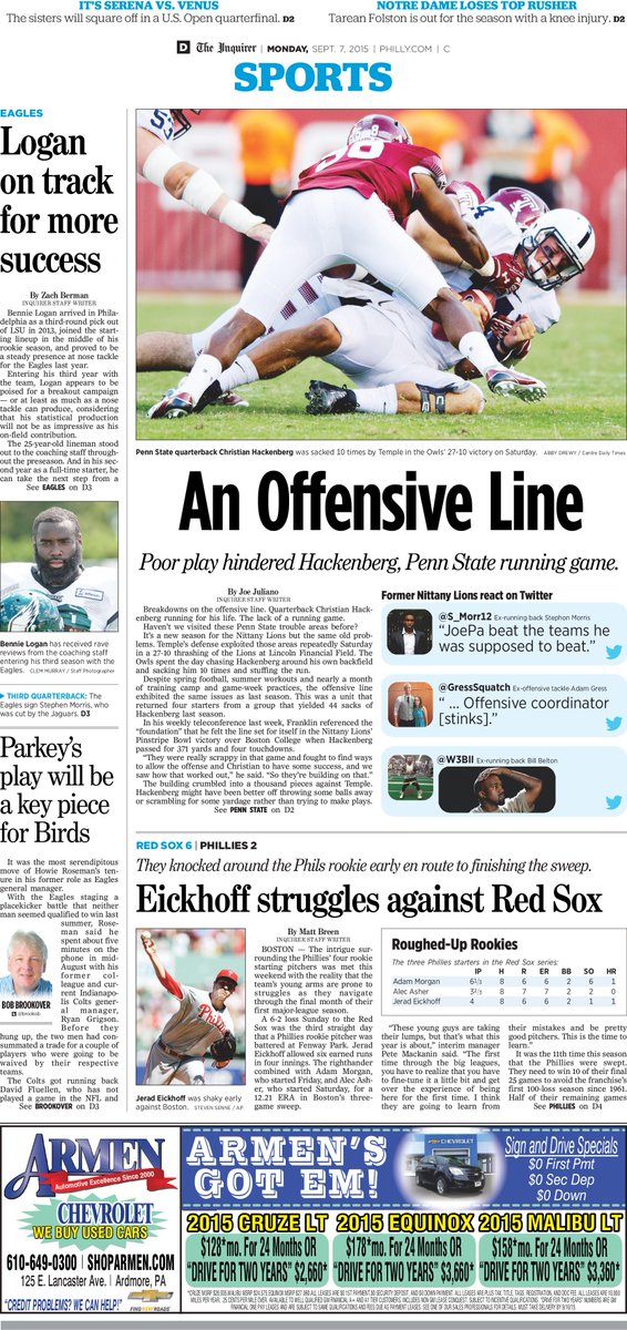 SportsInq's tweet photo. Monday Sports cover of @PhillyInquirer #Eagles #PennState #Temple #Phillies @APSE_sportmedia http://t.co/klSiS95gqc