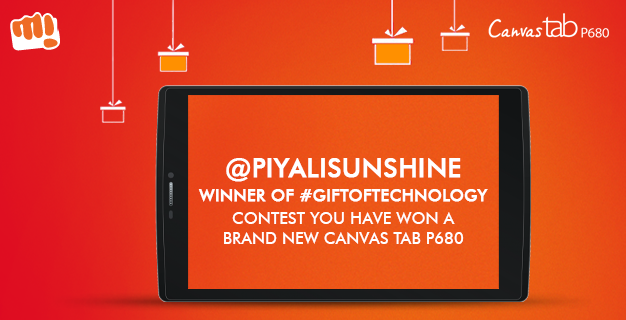 Micromax__India's tweet photo. Congrats @piyalisunshine! You’re the winner of #GiftOfTechnology #Contest! Please DM us your details. http://t.co/lXxLyMw2b6