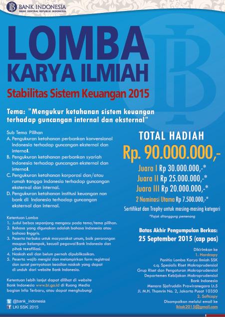 infokuis's tweet photo. Dr @bank_indonesia: Lomba Karya Ilmiah SSK 2015 dgn total hadiah Rp90jt dibuka sd 25 Sept http://t.co/caSbmKP2a4 http://t.co/NToayq7NnI
