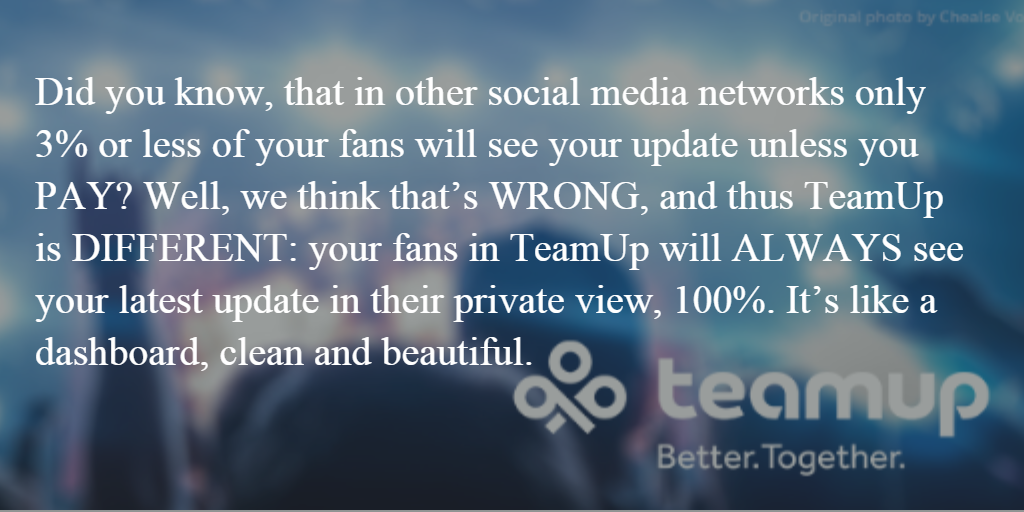 tmupco's tweet photo. What makes TeamUp unique? Its not just another #SocialMedia platform. it is DIFFERENT #marketing #branding #tech #new http://t.co/Z78P10H6NR