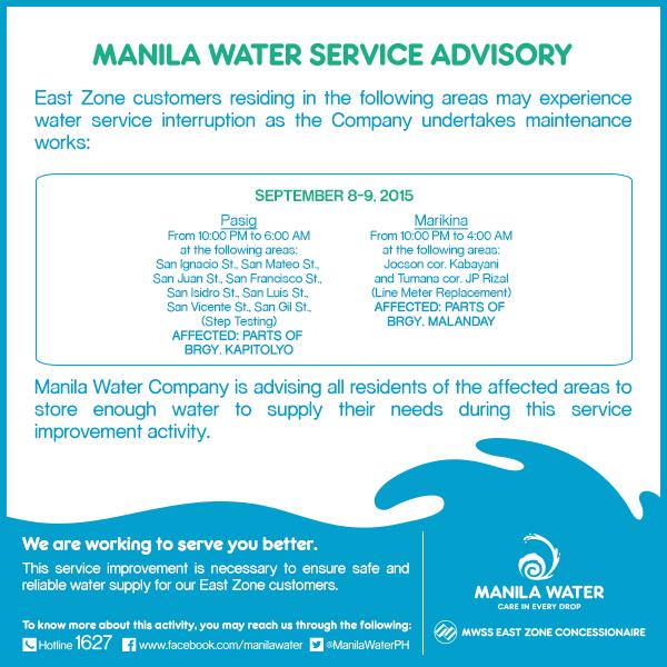ManilaWaterPH's tweet photo. ADVISORY: Schedule of maintenance works tomorrow, Sept. 8 in @PasigInfo and @MarikinaPIO http://t.co/fhbbjmaJsV