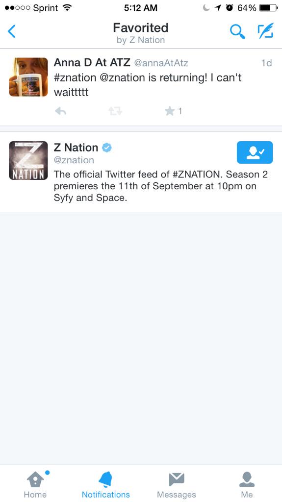 annaAtAtz's tweet photo. #ZNation favorited my tweet. #fangirling @allthingsz @znation http://t.co/iRwcPBjluj