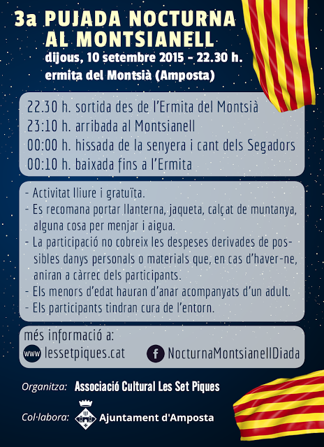 ajamposta's tweet photo. 10 de setembre, @lessetpiques amb col·laboració de l' @ajamposta, organitza la 3a pujada nocturna al Montsianell http://t.co/xwhz2Ei5sf