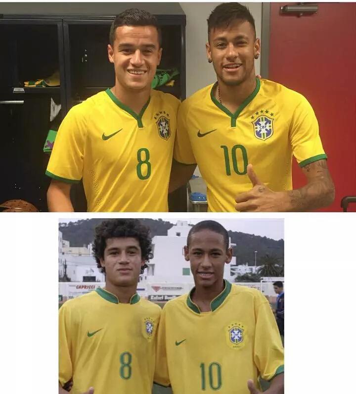 nacossPress_ui's tweet photo. Neymar and Couthino recreate an old picture. These guys have come a long way. #NACOSSUISPORTSUPDATE http://t.co/XEkxhBTZ2Z