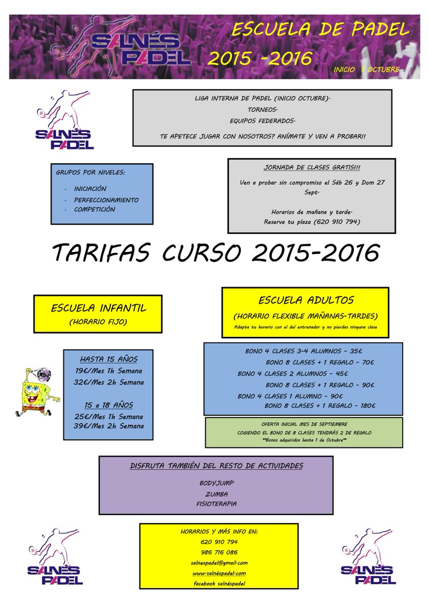 salnespadel's tweet photo. Hola padeler@s.En @salnespadel empezamos el curso escolar también. Estas serán las tarifas. Nos vemos en las pistas http://t.co/34BdjG8uIg