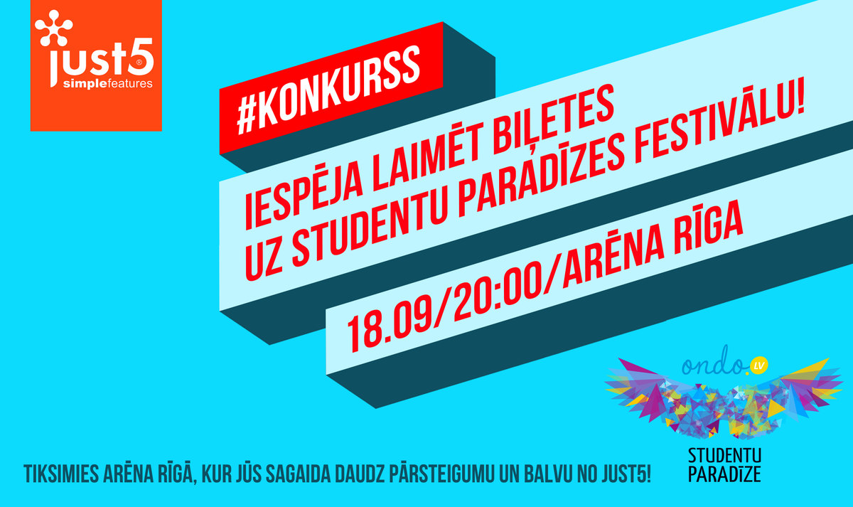RT un seko <a href="/Just5Latvia/">Just5 Latvia</a>, lai laimētu 2 biļetes uz studentu festivālu <a href="/paradize/">Studentu Paradīze</a>. Laimīgo izlozēsim 14. septembrī.