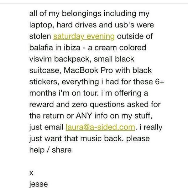 DJmag's tweet photo. .@mrjesserose has had his bag (full of unreleased music) stolen. Please help him find it. RT to spread awareness. http://t.co/Ajrk4Lq62P