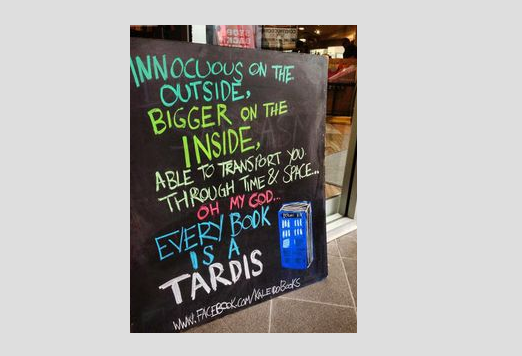 ChuckSambuchino's tweet photo. "Books have the ability to transport you through time and space ... Every book is a TARDIS." http://t.co/bzAXORveal