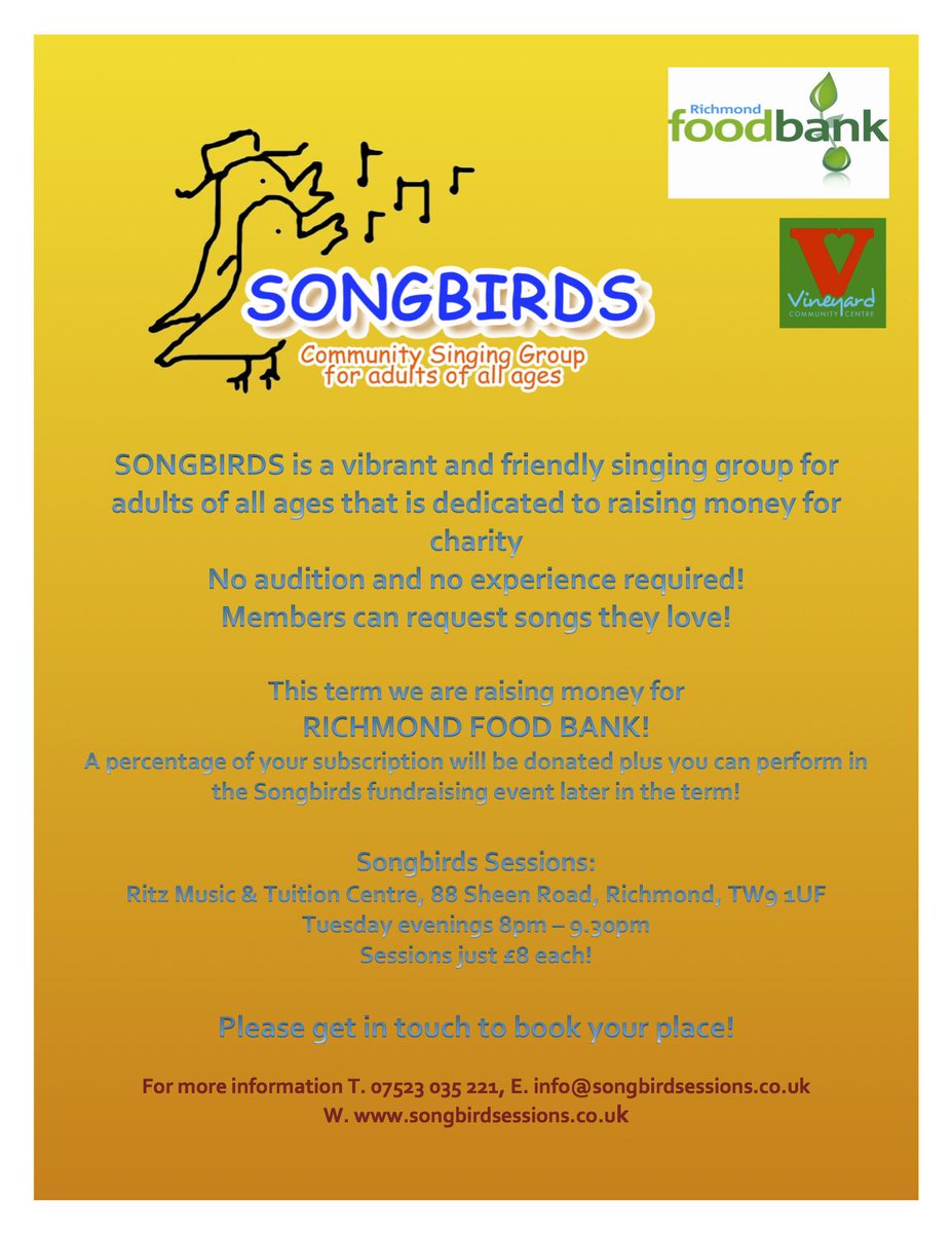 SongbirdsGroup's tweet photo. @TwickOnline @twickenhamlocal @Twickermum @TwickMums Join Songbirds tomorrow! Big fun! Songs incl. Happy &amp; Budapest! http://t.co/St1nwnXBkj
