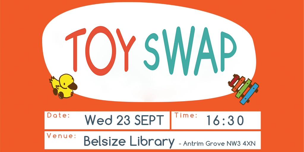 ParentsNearby's tweet photo. TOY SWAP on Wed 23 Sept @BelsizeLibrary - inviting our kids to swap old toys with new friends. Help spread the word! http://t.co/YSo88FpLL4